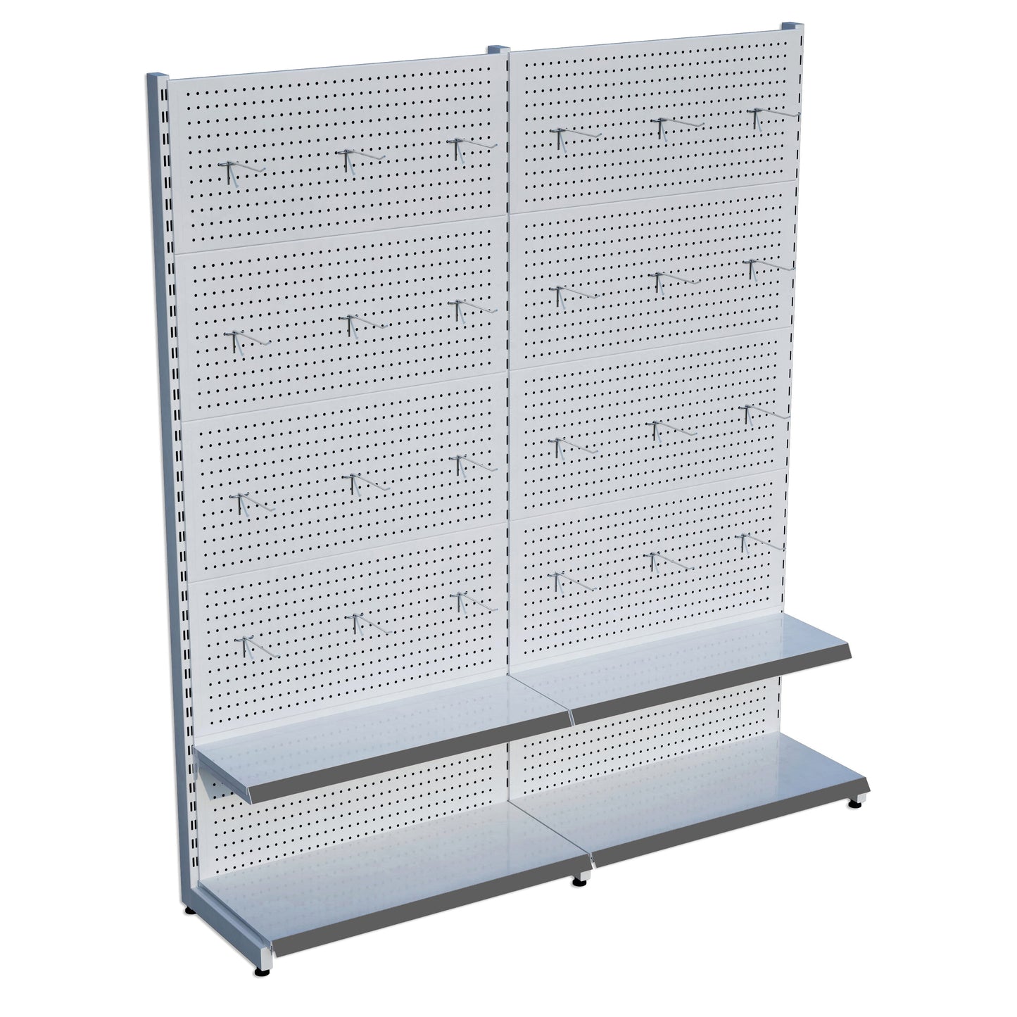 Beyaz Renk 2 Katlı Kancalı Hırdavat Raf Sistemi | Market Rafı | PetShop Rafı | Kırtasiye Rafı Yükseklik H220 CM Yan Yana 2'li Birleşik