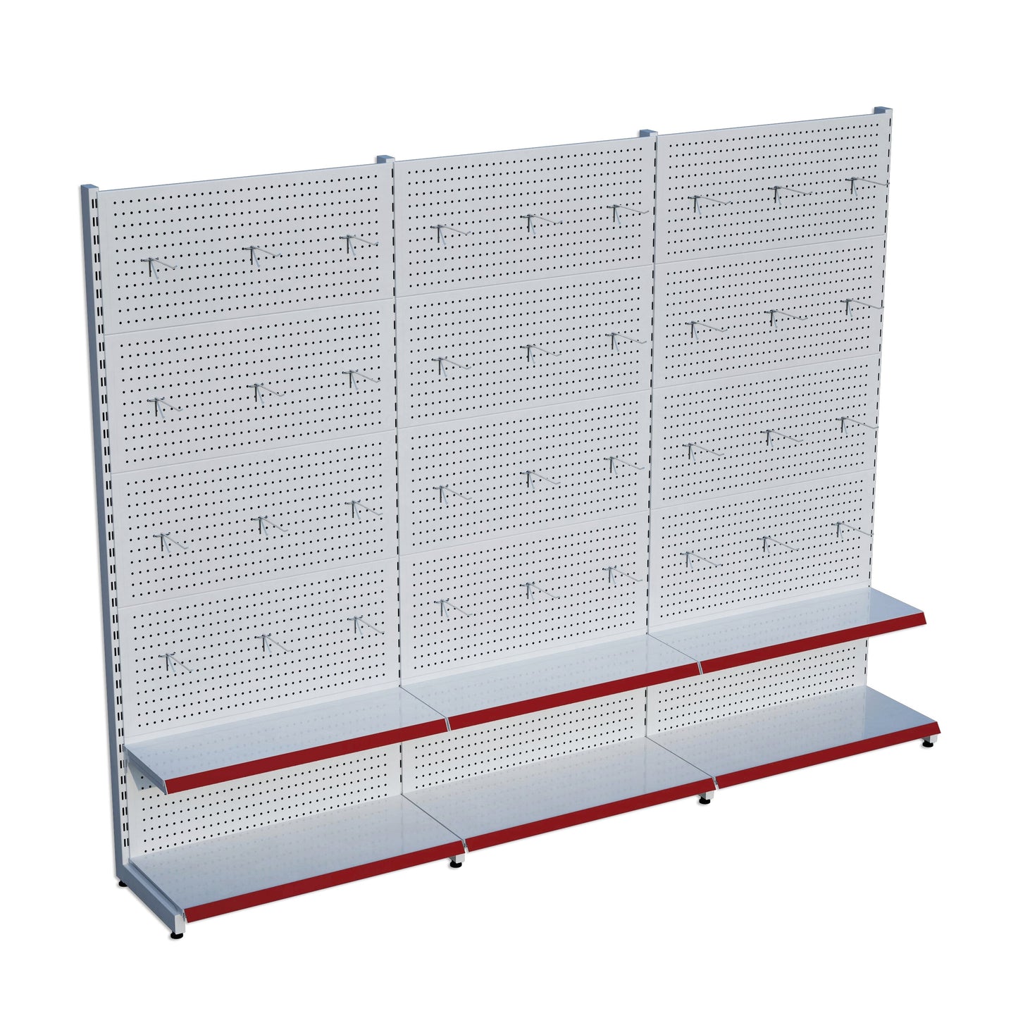 Beyaz Renk 2 Katlı Kancalı Hırdavat Raf Sistemi | Market Rafı | PetShop Rafı | Kırtasiye Rafı Yükseklik H220 CM Yan Yana 3'li Birleşik