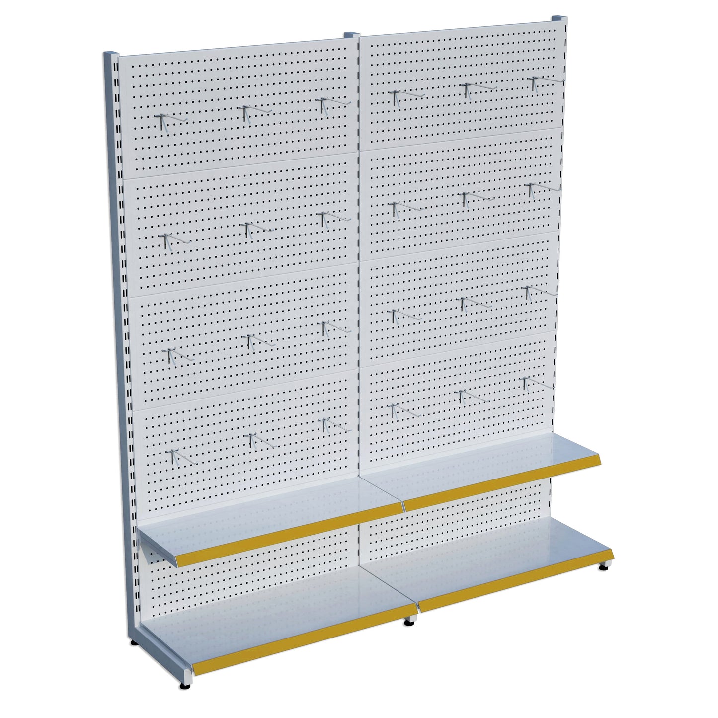 Beyaz Renk 2 Katlı Kancalı Hırdavat Raf Sistemi | Market Rafı | PetShop Rafı | Kırtasiye Rafı Yükseklik H220 CM Yan Yana 2'li Birleşik