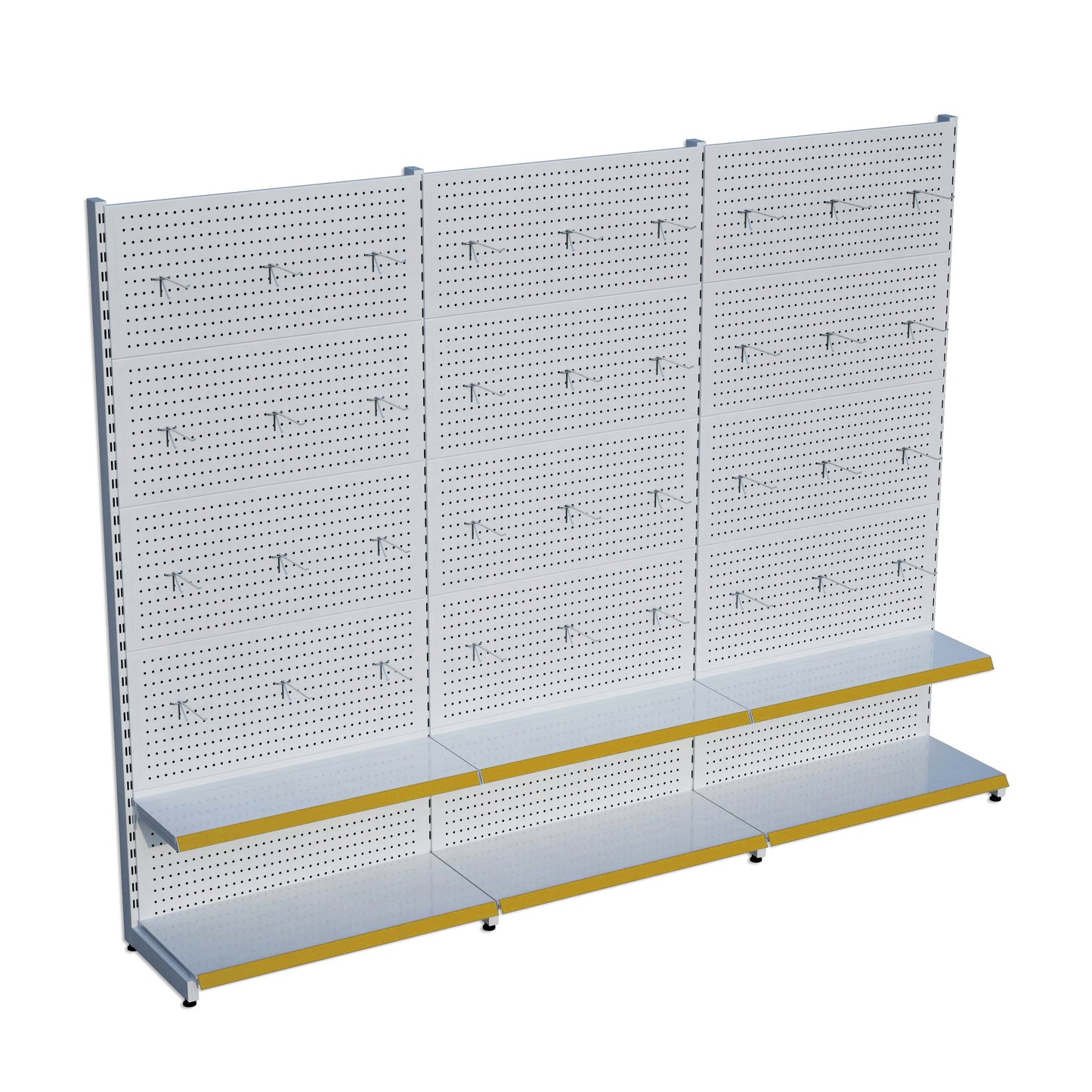 Beyaz Renk 2 Katlı Kancalı Hırdavat Raf Sistemi | Market Rafı | PetShop Rafı | Kırtasiye Rafı Yükseklik H220 CM Yan Yana 3'li Birleşik