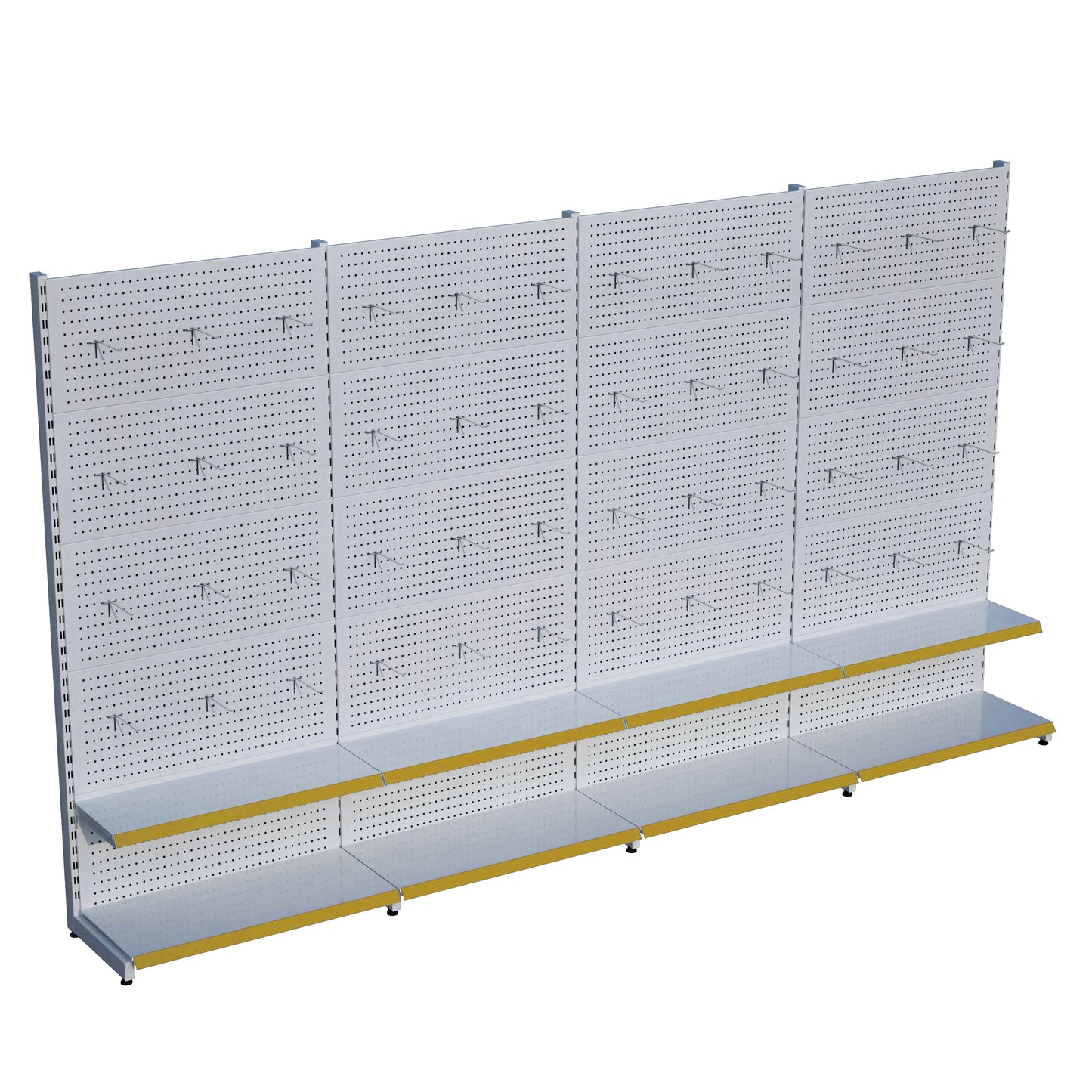Beyaz Renk 2 Katlı Kancalı Hırdavat Raf Sistemi | Market Rafı | PetShop Rafı | Kırtasiye Rafı Yükseklik H220 CM Yan Yana 4'li Birleşik