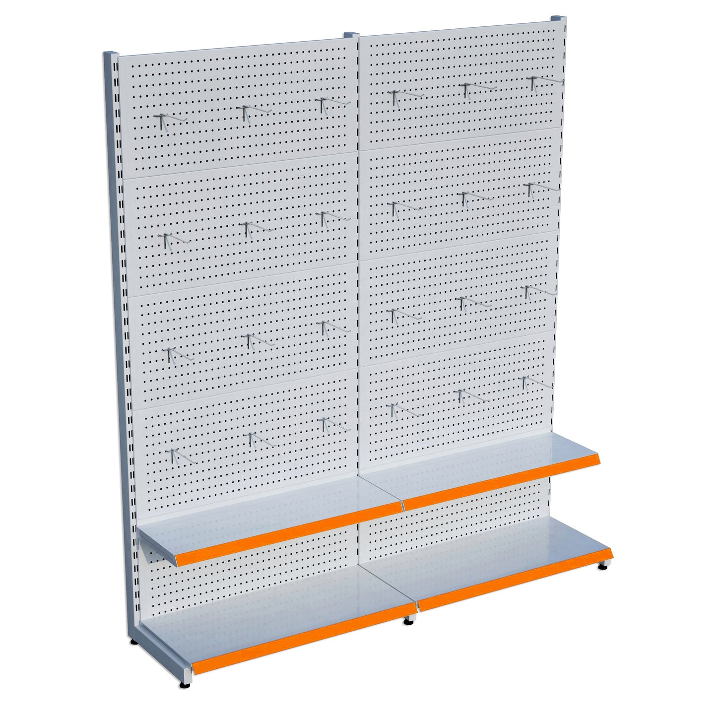 Beyaz Renk 2 Katlı Kancalı Hırdavat Raf Sistemi | Market Rafı | PetShop Rafı | Kırtasiye Rafı Yükseklik H220 CM Yan Yana 2'li Birleşik