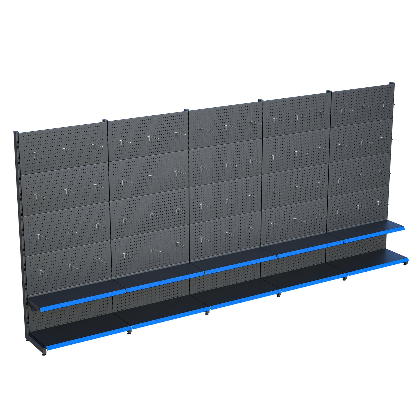 Antrasit Market Petshop Kırtasiye Rafı Hırdavat Rafı D30CMxG350CMxH220CM Antrasit Delikli Pano + Kancalı Raf
