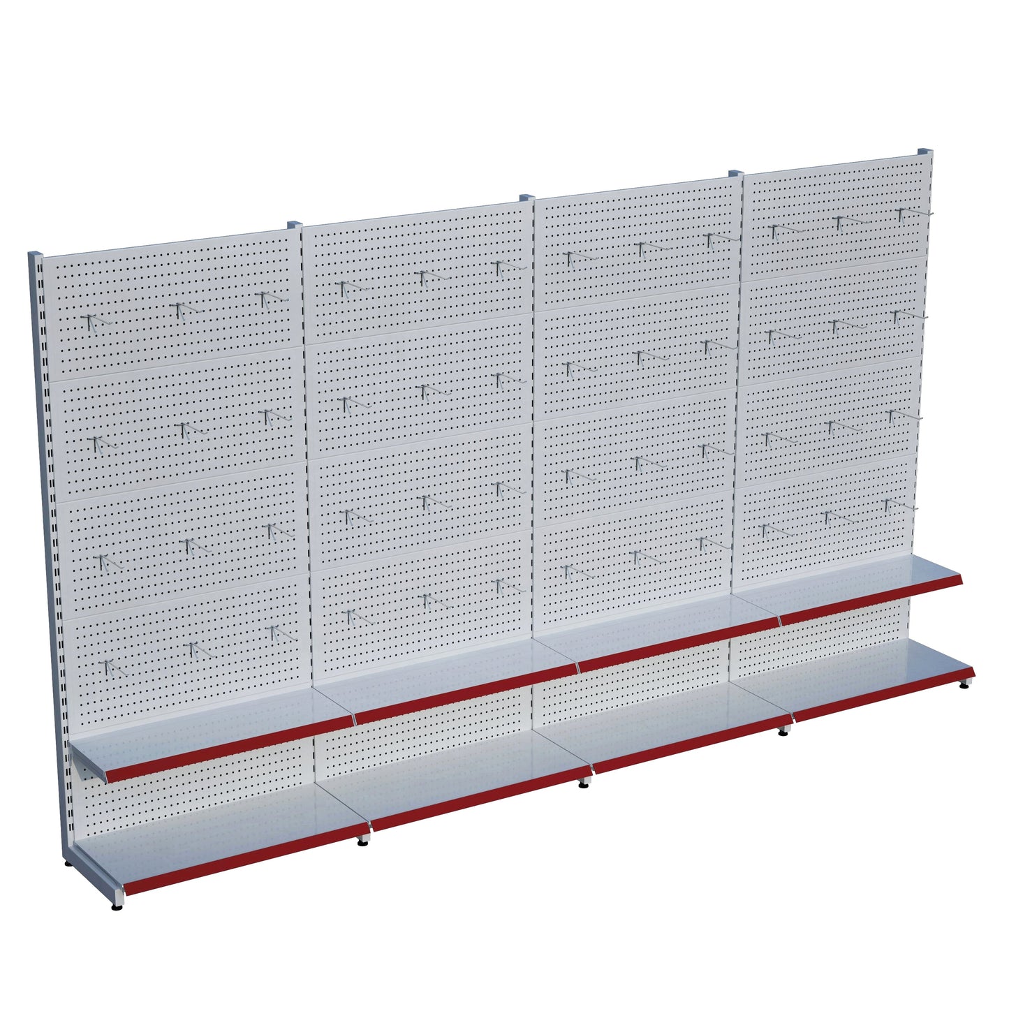 Beyaz Market Petshop Kırtasiye Rafı Hırdavat Rafı D30CMxG280CMxH220CM Beyaz Delikli Pano + Kancalı Raf