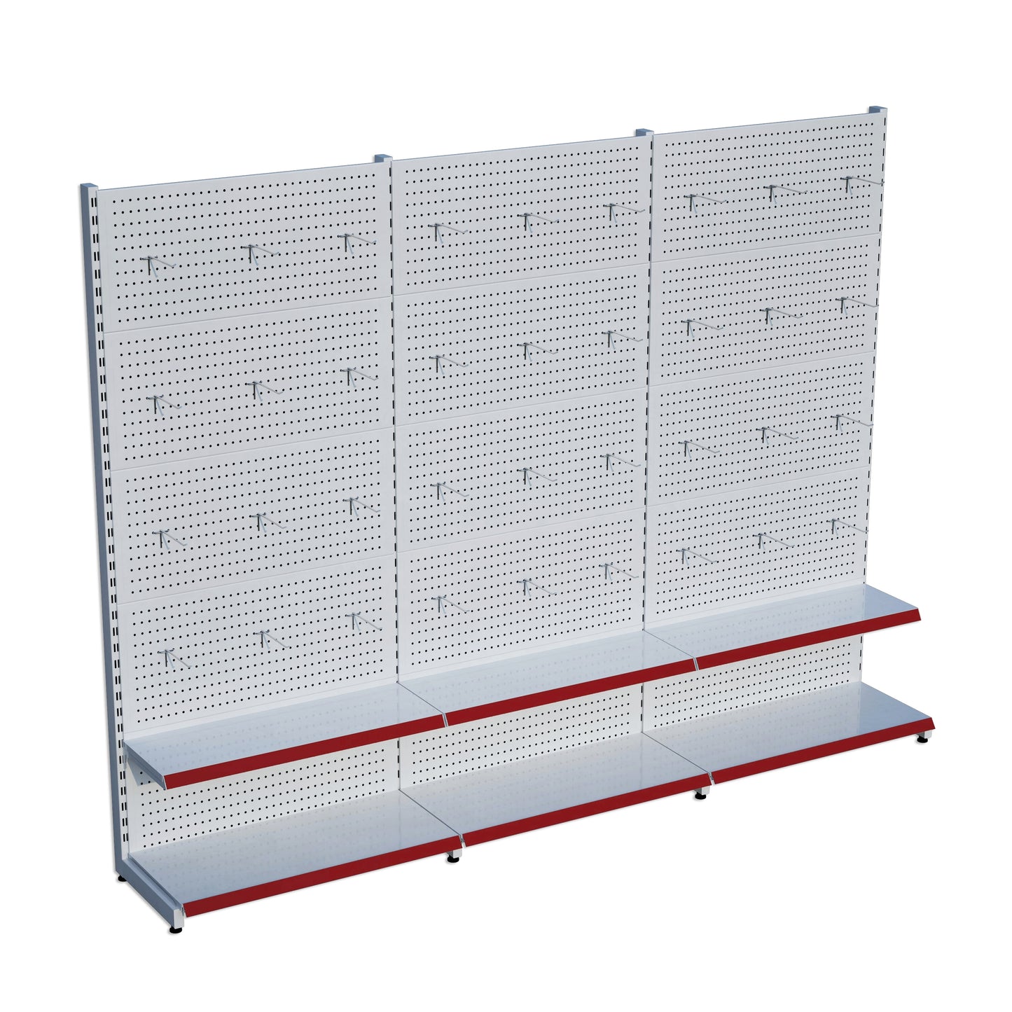 Beyaz Market Petshop Kırtasiye Rafı Hırdavat Rafı D30CMxG300CMxH220CM Beyaz Delikli Pano + Kancalı Raf