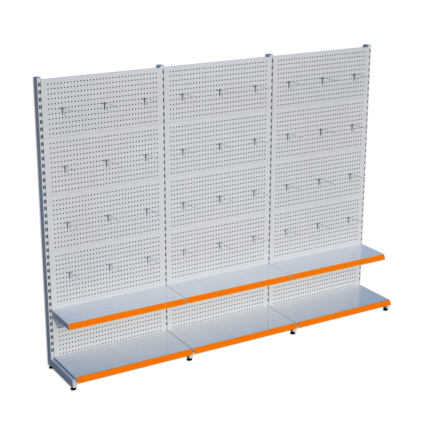 Beyaz Market Petshop Kırtasiye Rafı Hırdavat Rafı D30CMxG300CMxH220CM Beyaz Delikli Pano + Kancalı Raf