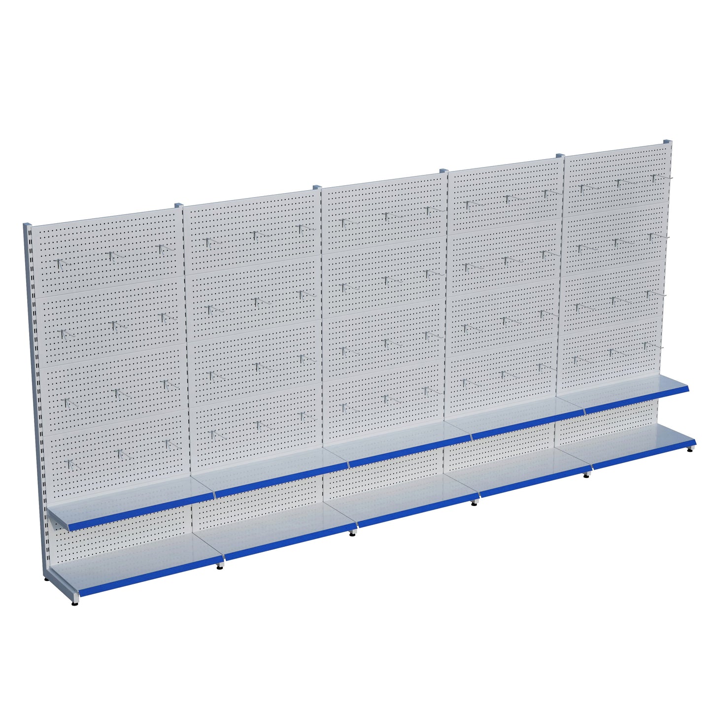 Beyaz Market Petshop Kırtasiye Rafı Hırdavat Rafı D30CMxG350CMxH220CM Beyaz Delikli Pano + Kancalı Raf