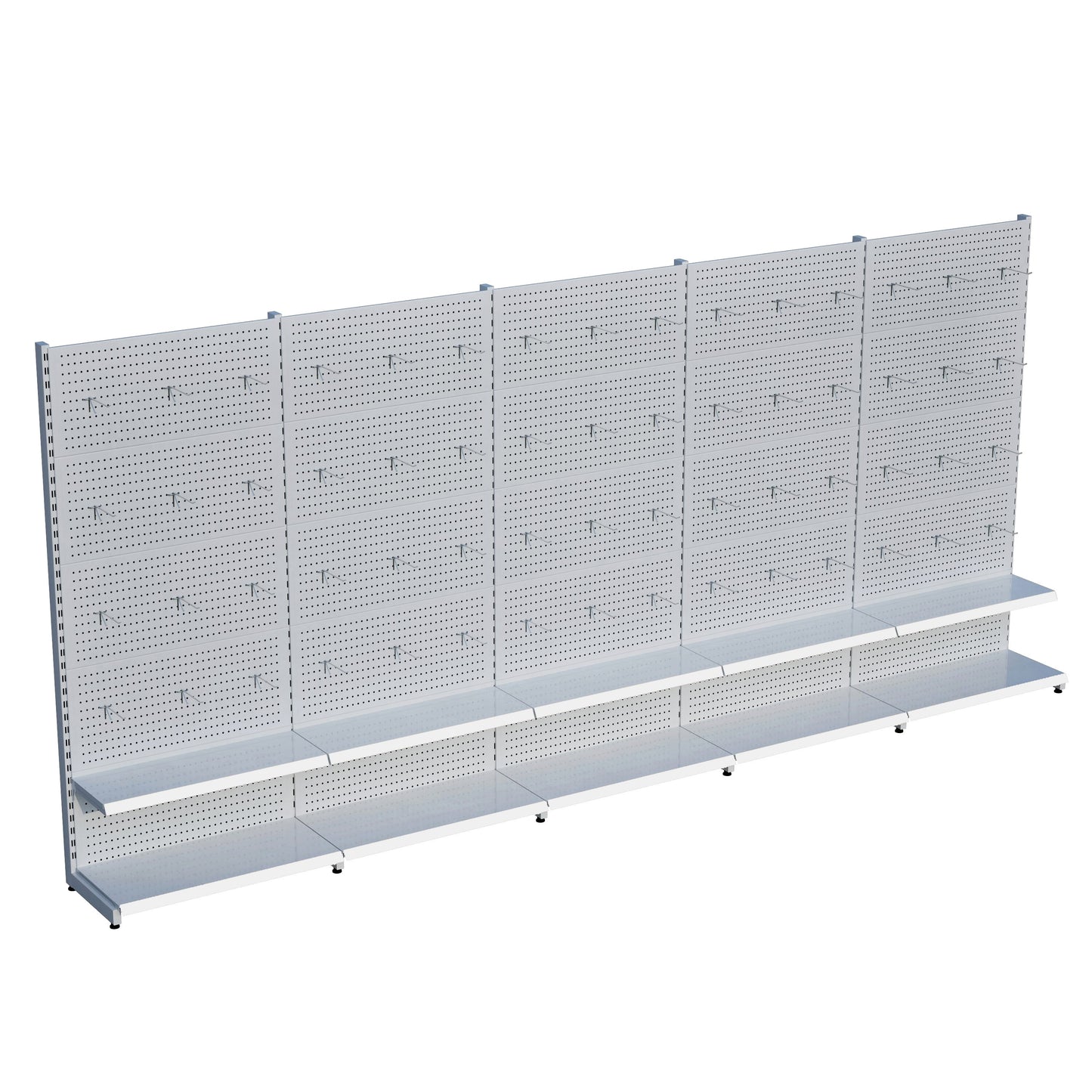 Beyaz Market Petshop Kırtasiye Rafı Hırdavat Rafı D30CMxG350CMxH220CM Beyaz Delikli Pano + Kancalı Raf
