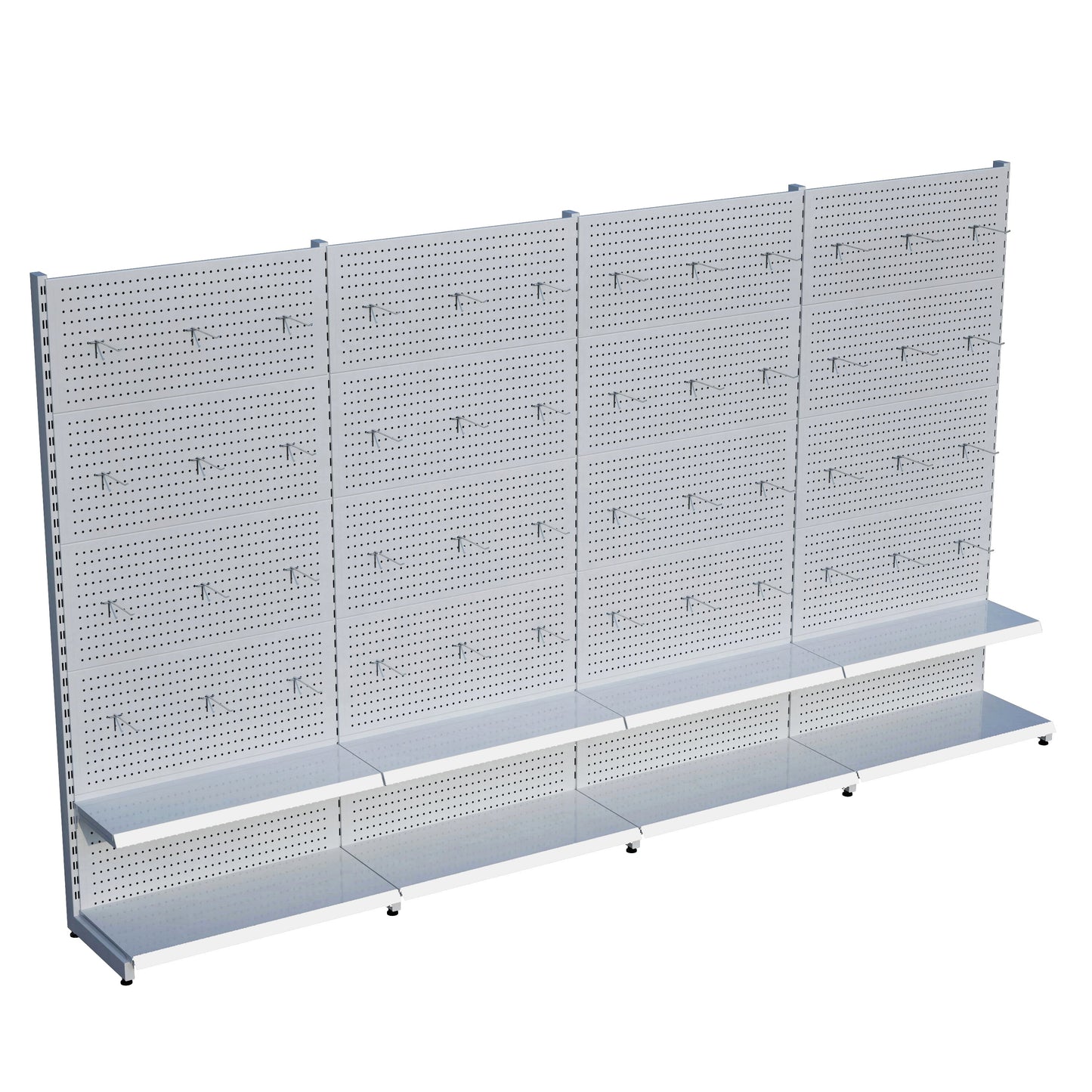 Beyaz Market Petshop Kırtasiye Rafı Hırdavat Rafı D30CMxG400CMxH220CM Beyaz Delikli Pano + Kancalı Raf