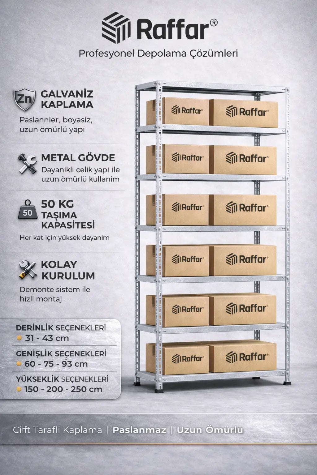 Galvaniz 7 Katlı Arşiv Raf Sistemi - Çelik Raf - Metal Raf Raffar