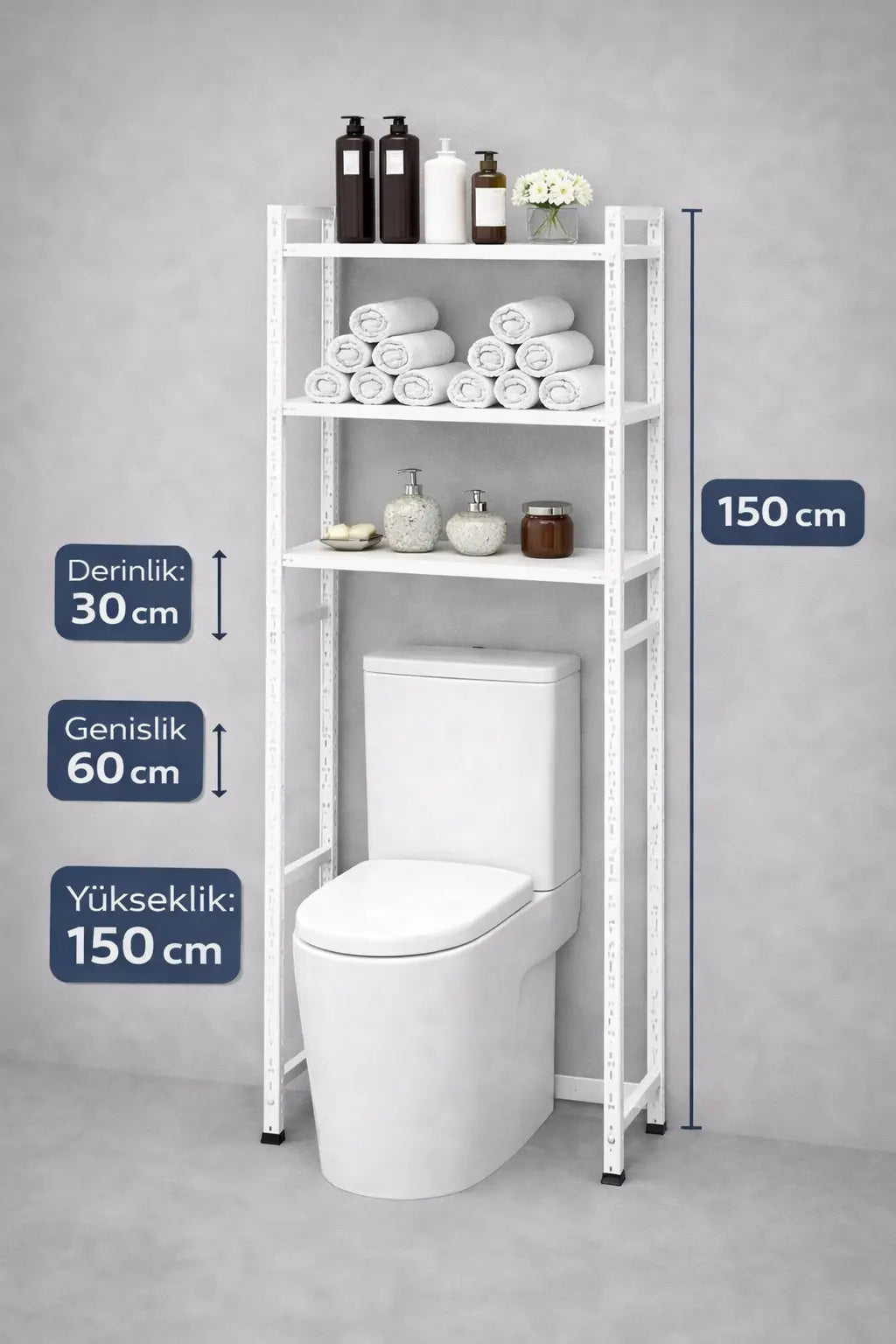 3 Raflı Metal Banyo Düzenleyici Metal Banyo Rafı Klozet  Üstü 31X60X150 Raffar