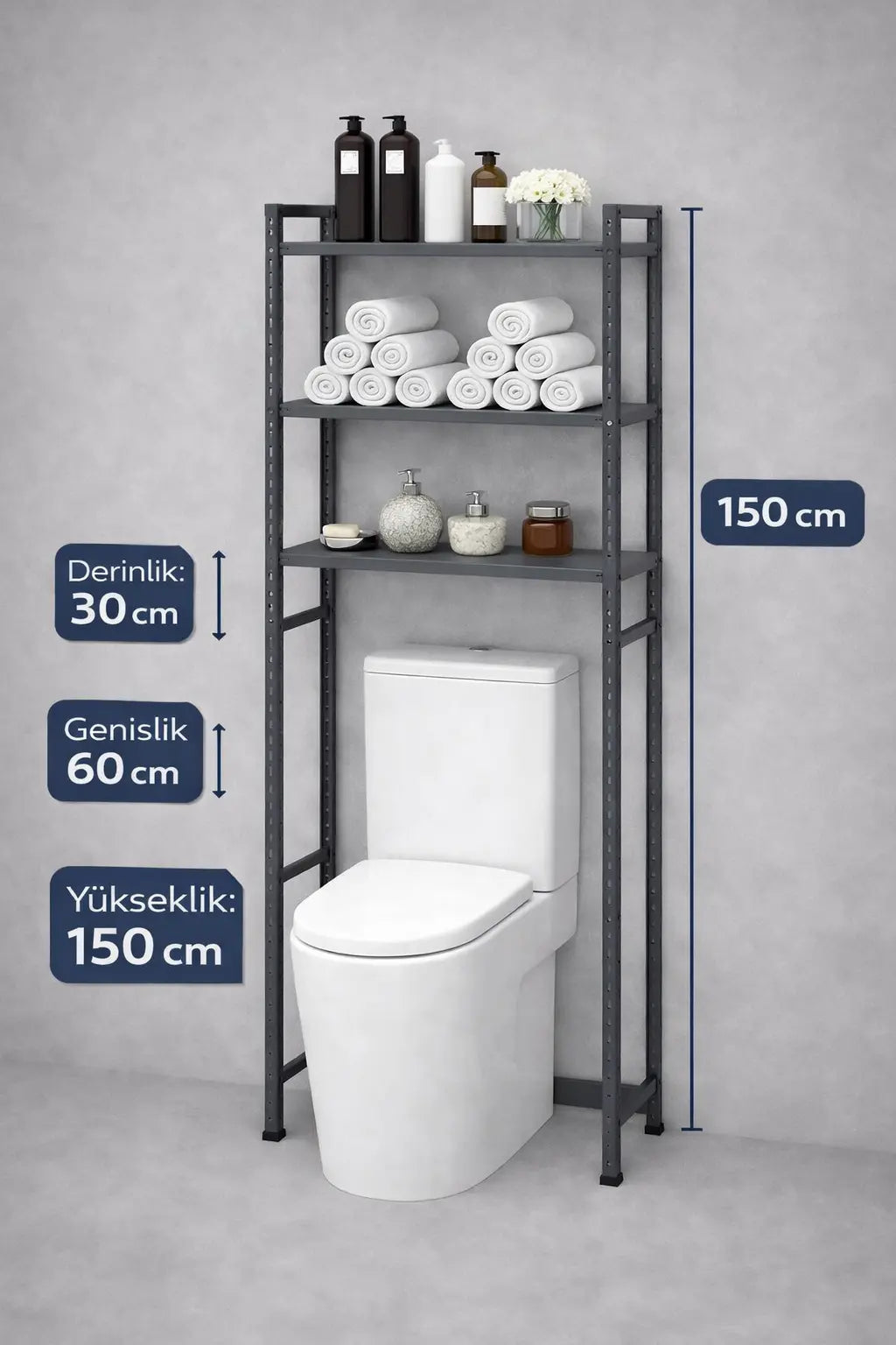 3 Raflı Metal Banyo Düzenleyici Metal Banyo Rafı Klozet  Üstü 31X60X150 Raffar