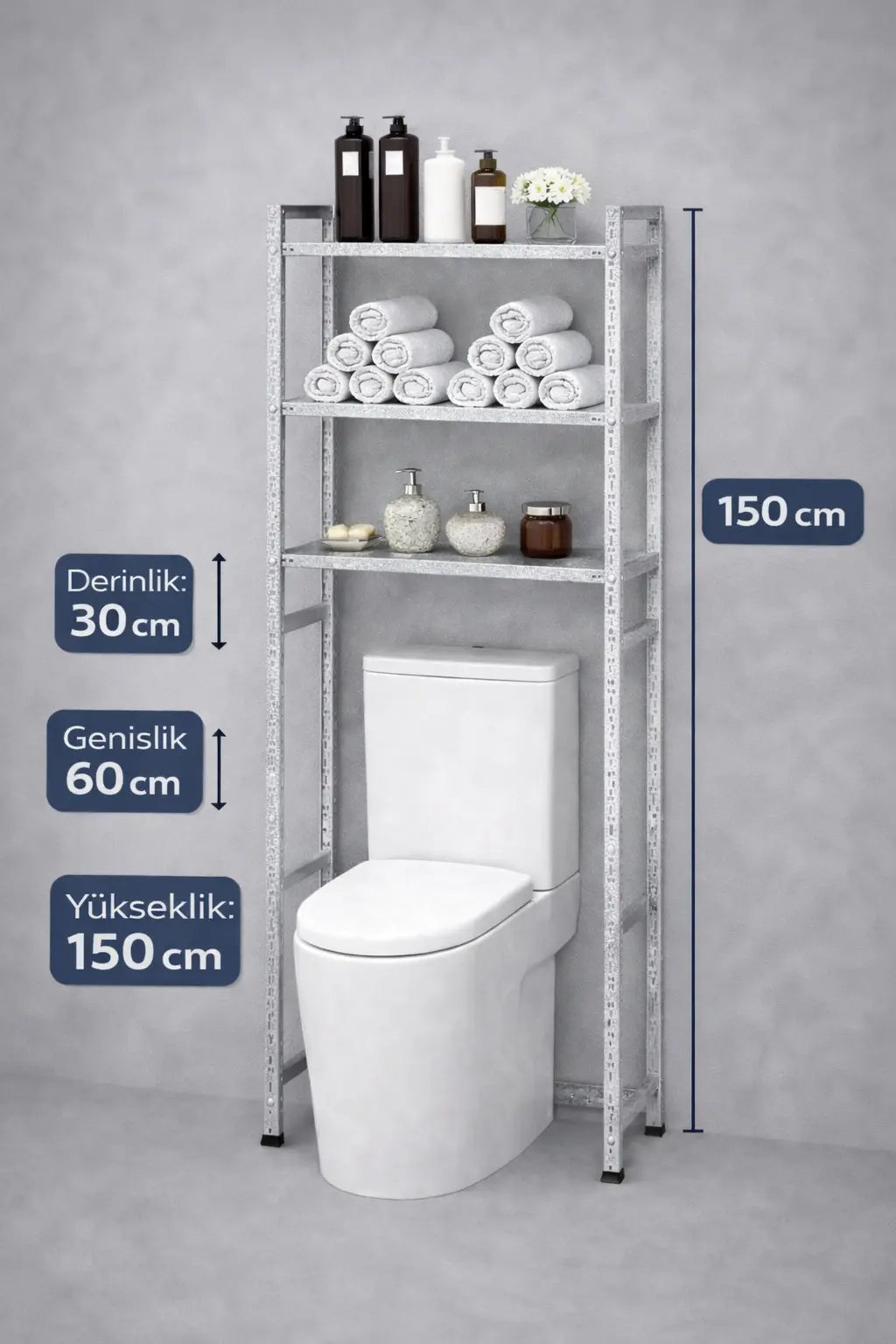 3 Raflı Metal Banyo Düzenleyici Metal Banyo Rafı Klozet  Üstü 31X60X150 Raffar