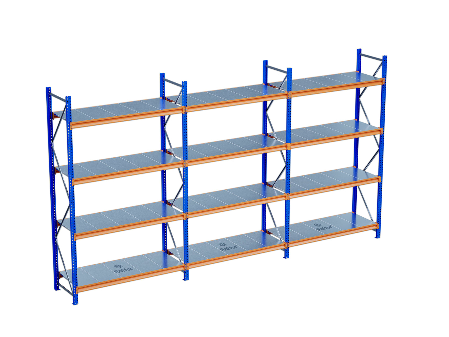 4 Katlı 3li Bitişik Endüstriyel Depo Raf Sistemi – Hafif Yük Rafı