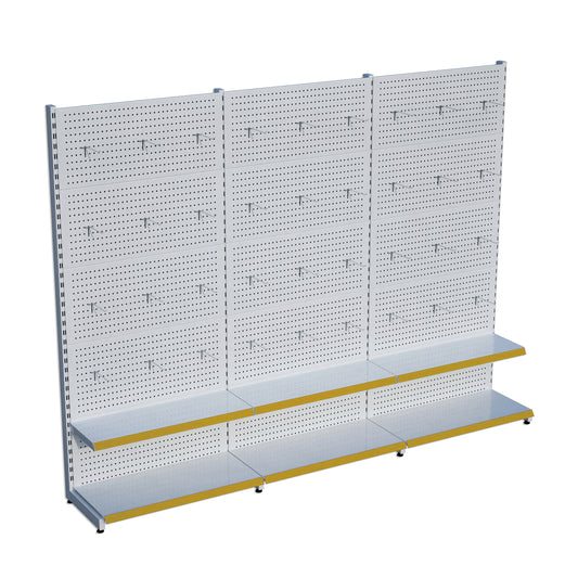 Beyaz Renk 2 Katlı Kancalı Hırdavat Raf Sistemi | Market Rafı | PetShop Rafı | Kırtasiye Rafı Yükseklik H220 CM Yan Yana 3'li Birleşik