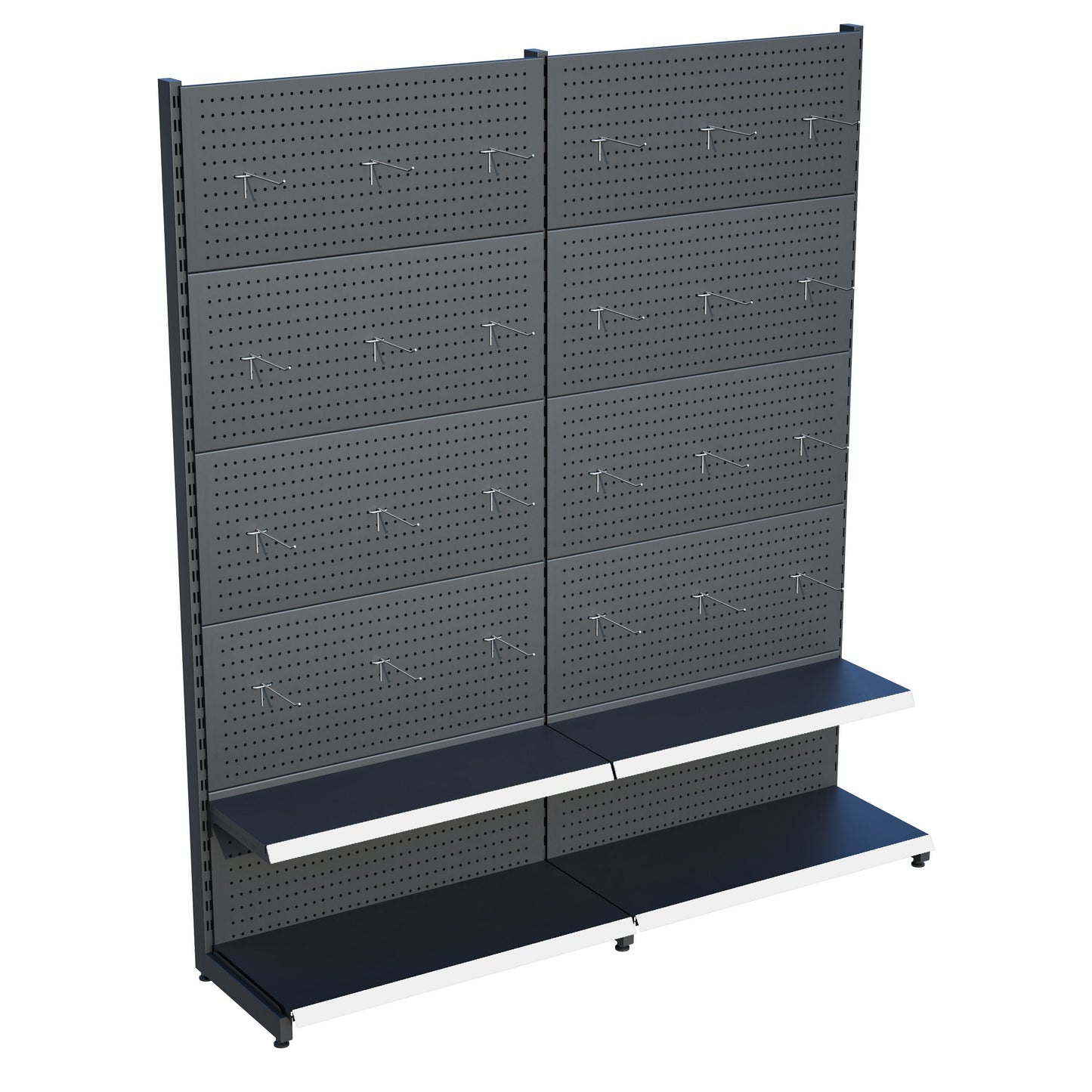 Antrasit Market Petshop Kırtasiye Rafı Hırdavat Rafı D30CMxG140CMxH220CM Antrasit Delikli Pano + Kancalı Raf