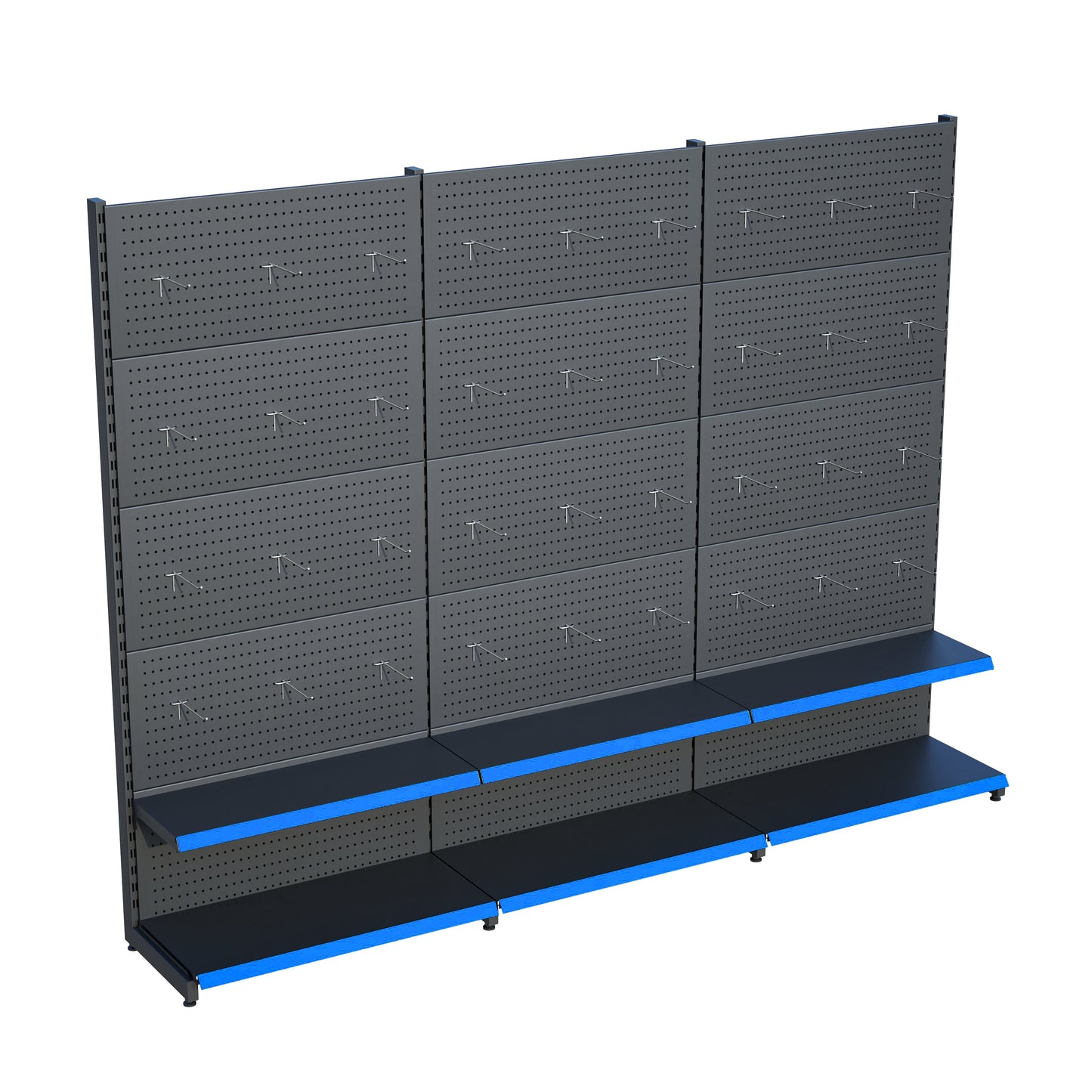 Antrasit Market Petshop Kırtasiye Rafı Hırdavat Rafı D30CMxG180CMxH220CM Antrasit Delikli Pano + Kancalı Raf