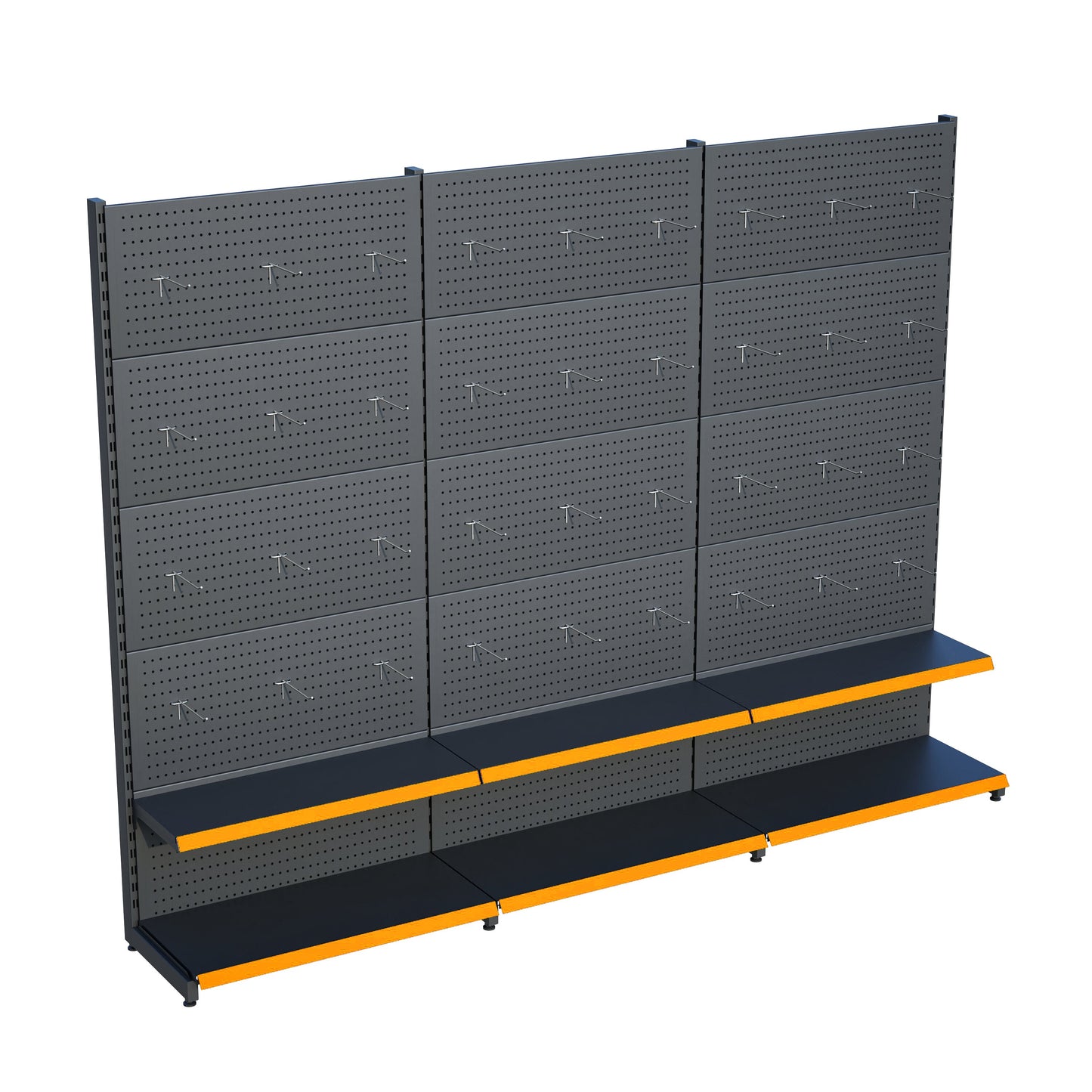Antrasit Market Petshop Kırtasiye Rafı Hırdavat Rafı D30CMxG180CMxH220CM Antrasit Delikli Pano + Kancalı Raf