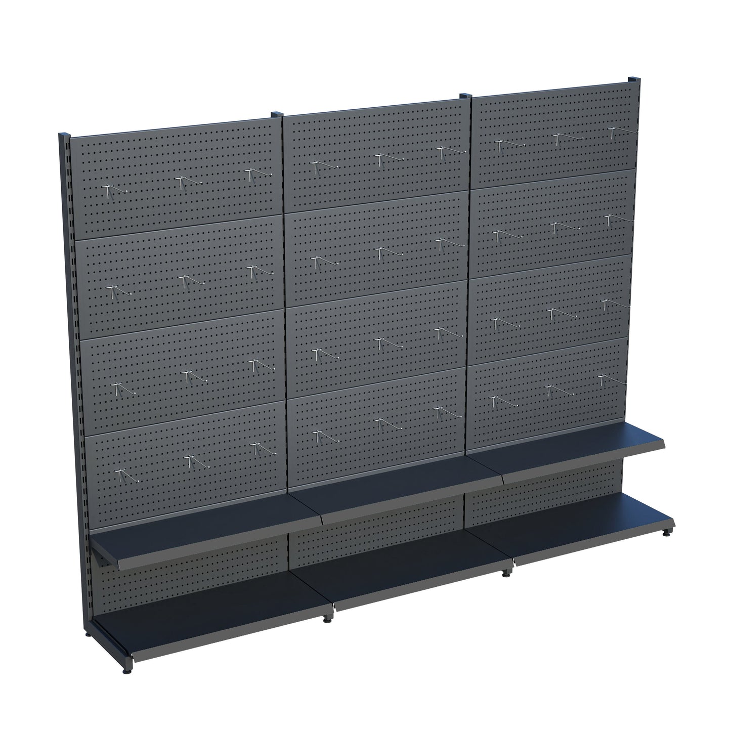 Antrasit Market Petshop Kırtasiye Rafı Hırdavat Rafı D30CMxG180CMxH220CM Antrasit Delikli Pano + Kancalı Raf