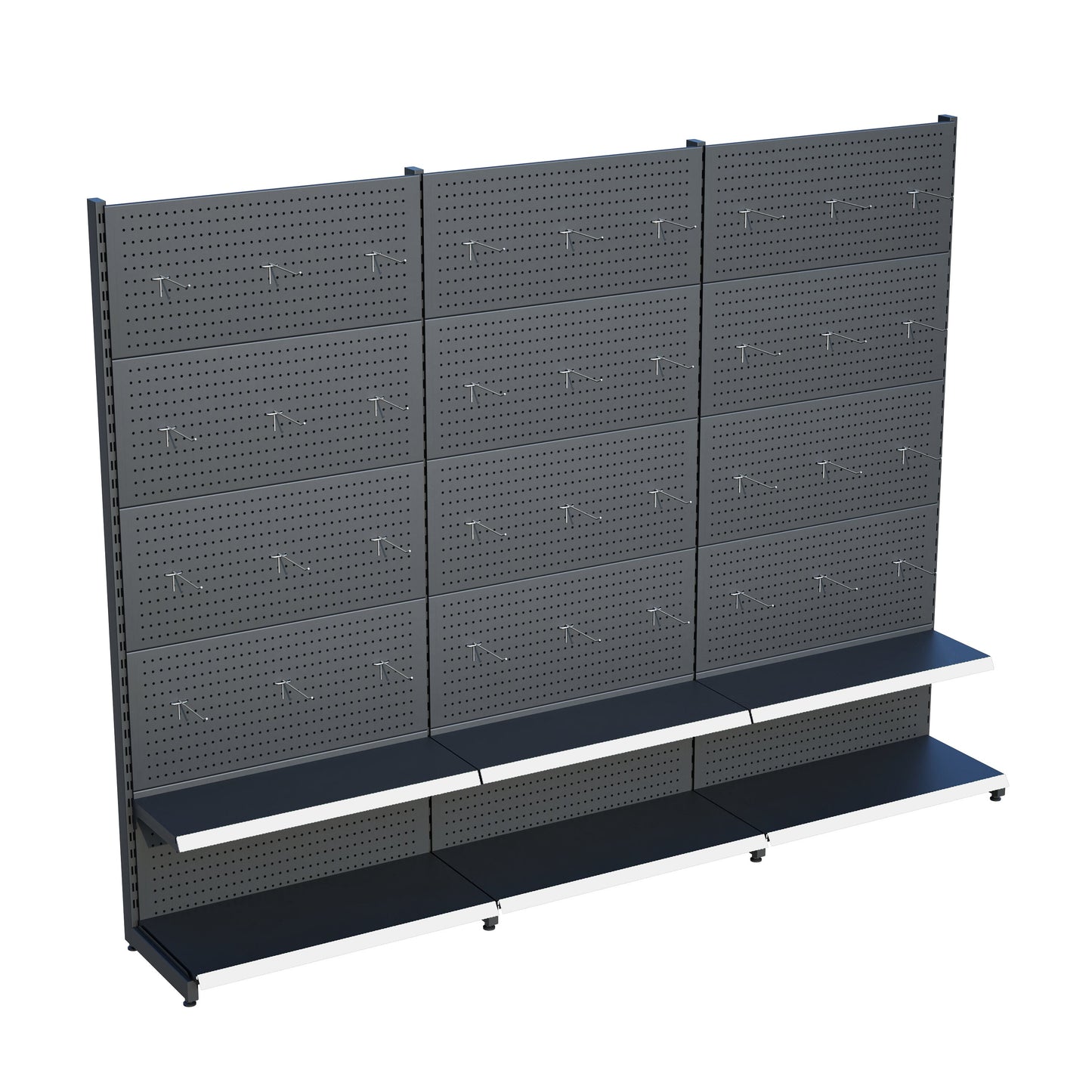 Antrasit Market Petshop Kırtasiye Rafı Hırdavat Rafı D30CMxG180CMxH220CM Antrasit Delikli Pano + Kancalı Raf