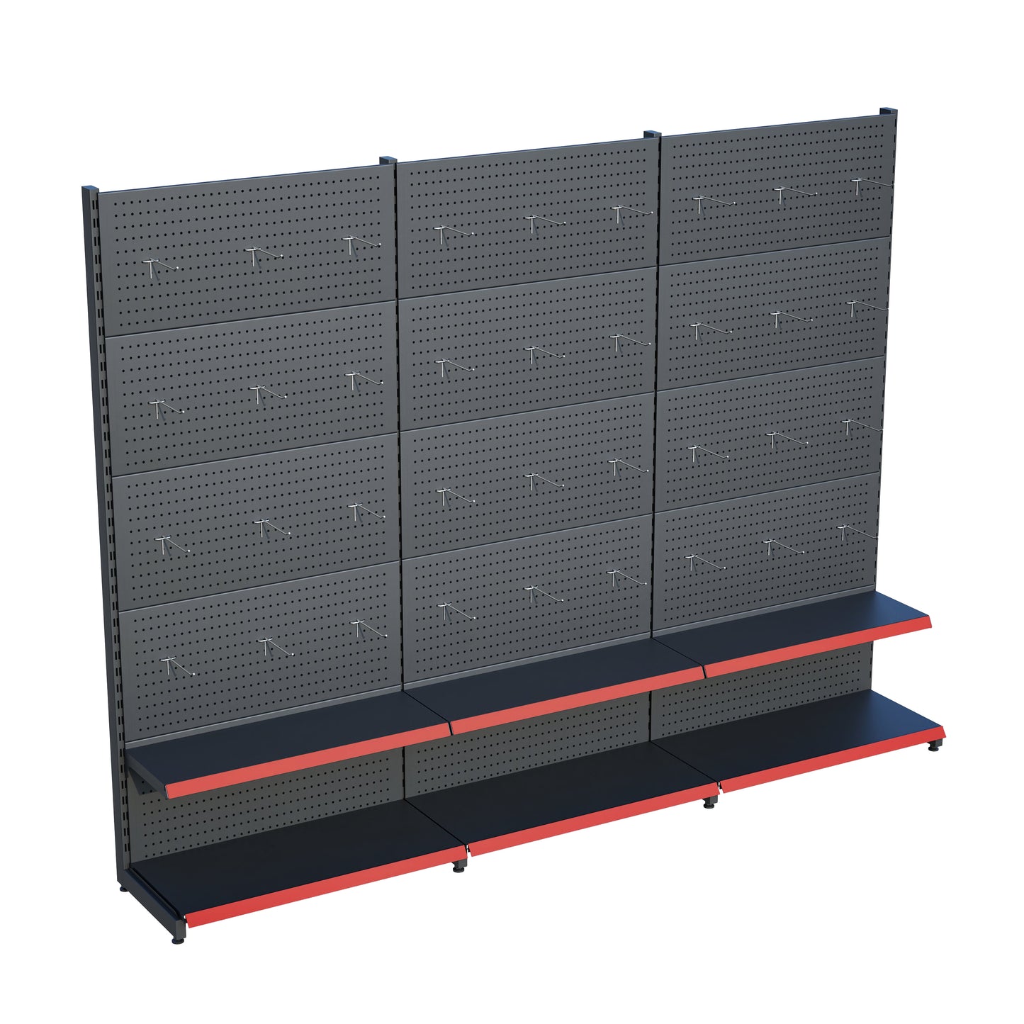 Antrasit Market Petshop Kırtasiye Rafı Hırdavat Rafı D30CMxG180CMxH220CM Antrasit Delikli Pano + Kancalı Raf