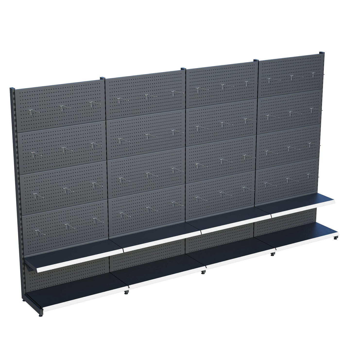 Antrasit Market Petshop Kırtasiye Rafı Hırdavat Rafı D30CMxG240CMxH220CM Antrasit Delikli Pano + Kancalı Raf