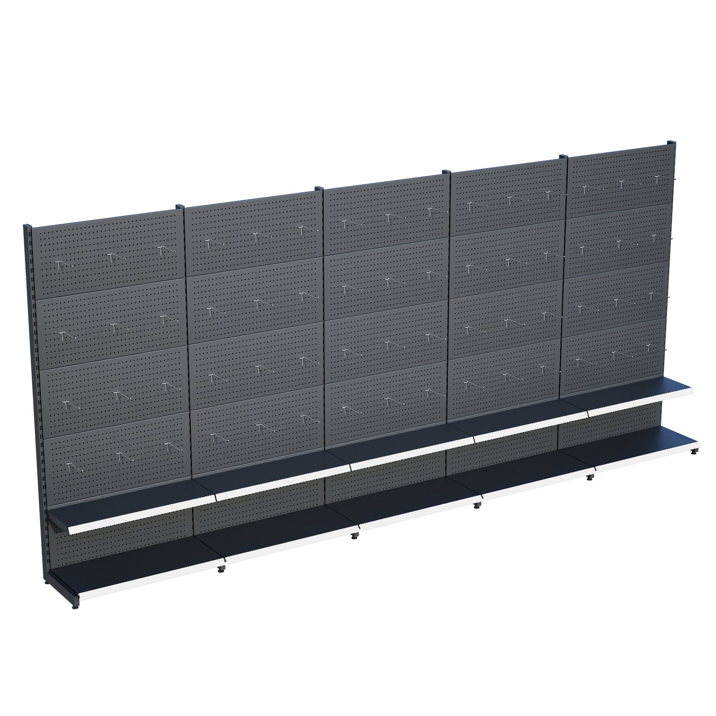 Antrasit Market Petshop Kırtasiye Rafı Hırdavat Rafı D30CMxG350CMxH220CM Antrasit Delikli Pano + Kancalı Raf