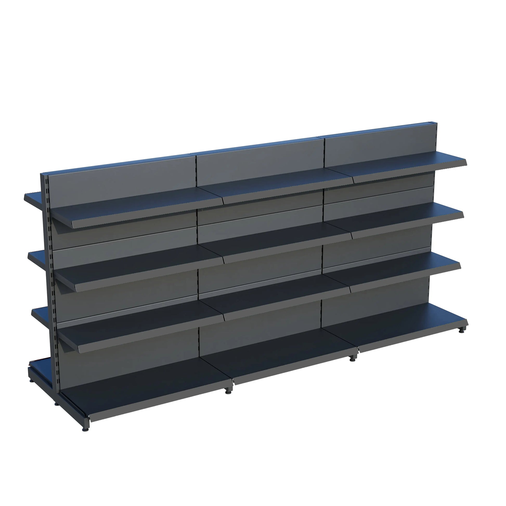 Antrasit Metal Çift Yönlü Orta Reyon 4 Katlı 3'li Birleşik  Market Raf Sistemi | Market Rafı | G270CM Yükseklik H140 CM| Raffar