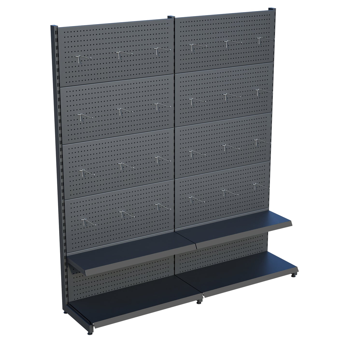 Antrasit Renk 2 Katlı Kancalı Hırdavat Raf Sistemi | Market Rafı | Yükseklik H220 CM|