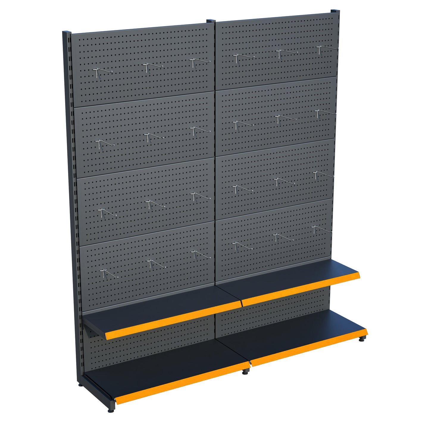 Antrasit Renk 2 Katlı Kancalı Hırdavat Raf Sistemi | Market Rafı | Yükseklik H220 CM|