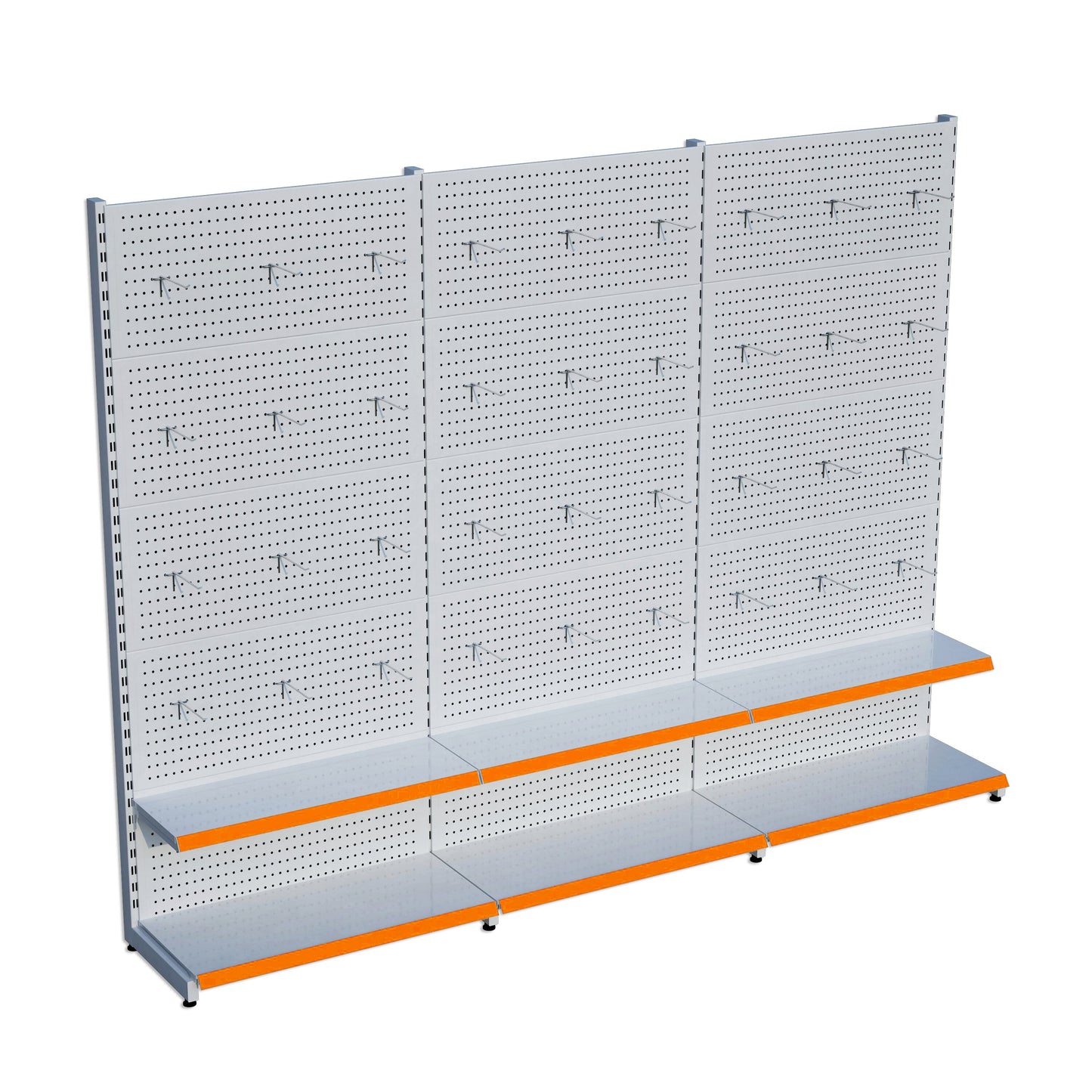 Beyaz Market Petshop Kırtasiye Rafı Hırdavat Rafı D30CMxG210CMxH220CM Beyaz Delikli Pano + Kancalı Raf