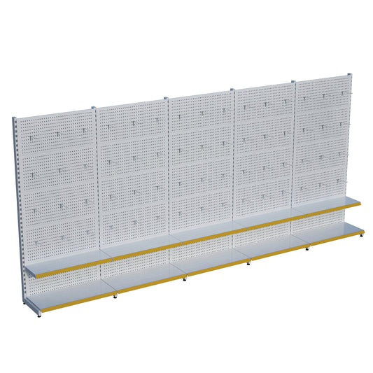 Beyaz Market Petshop Kırtasiye Rafı Hırdavat Rafı D30CMxG350CMxH220CM Beyaz Delikli Pano + Kancalı Raf