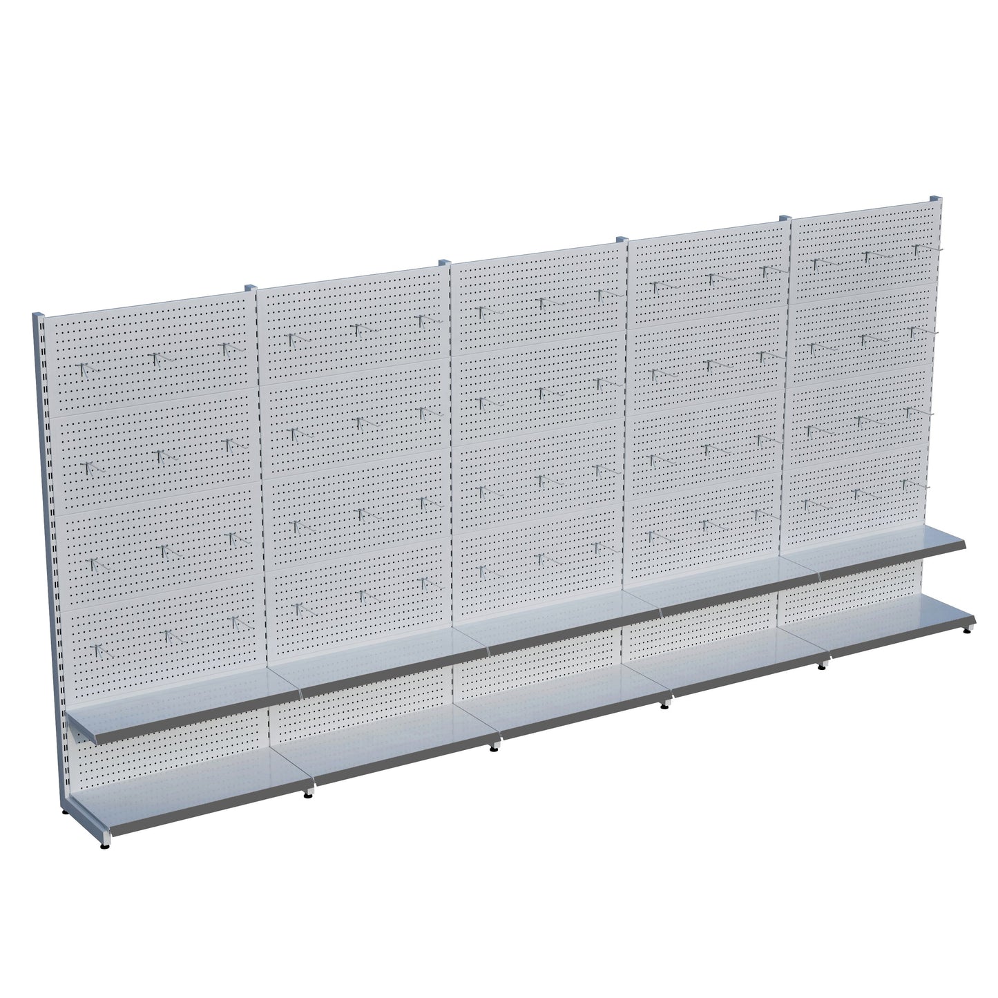 Beyaz Market Petshop Kırtasiye Rafı Hırdavat Rafı D30CMxG500CMxH220CM Beyaz Delikli Pano + Kancalı Raf