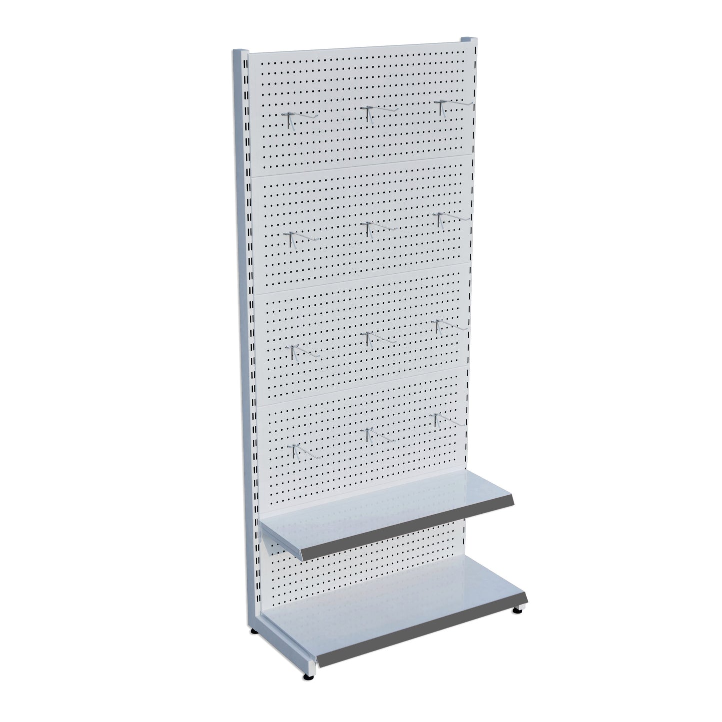Beyaz Market Petshop Kırtasiye Rafı Hırdavat Rafı D30CMxG60CMxH220CM Beyaz Delikli Pano + Kancalı Raf